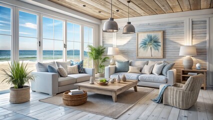 Serenely lit, calming coastal interior with whitewashed wood, natural textures, and soft blues, evoking a relaxed beachside retreat ambiance.