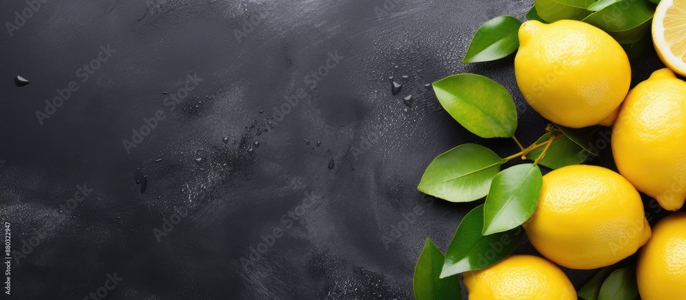 Aufkleber top view of fresh lemons placed on a grey background with ample copy space image available.