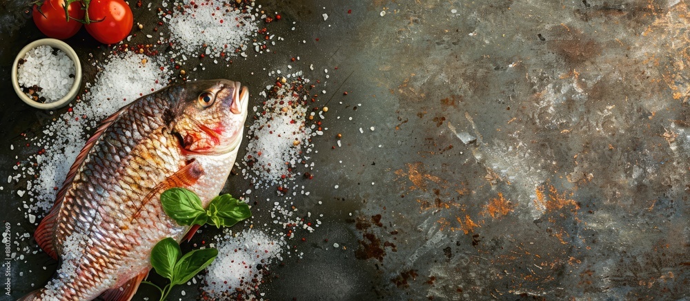 Poster raw tilapia fish prepared with salt and spices, perfect for cooking, with a blank space for adding a