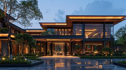 Obraz premium Contemporary facade with dynamic lighting effects