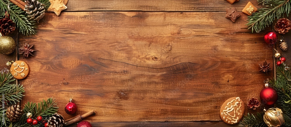 Poster rustic wooden board adorned with fir branches, christmas ornaments, and cookies, forming a festive h