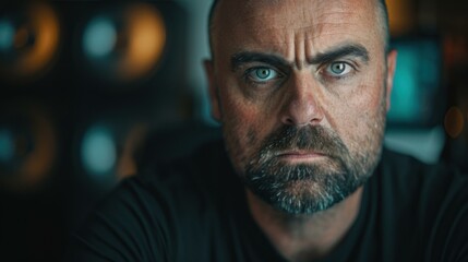 Obraz premium Portrait of a man with green eyes and a beard. AI.