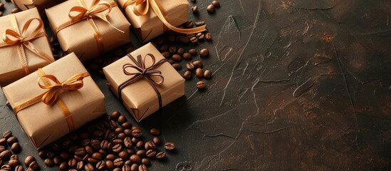 Gift boxes arranged beside aromatic coffee beans, creating an appealing composition with a copy space image.
