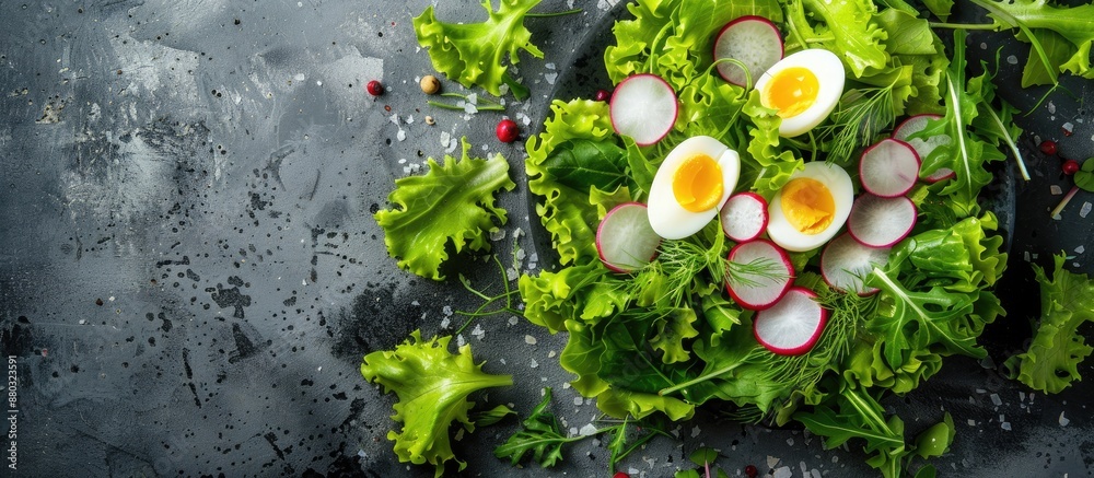 Poster top view of a salad featuring radishes, boiled egg, and mixed lettuce leaves as an appetizing snack 