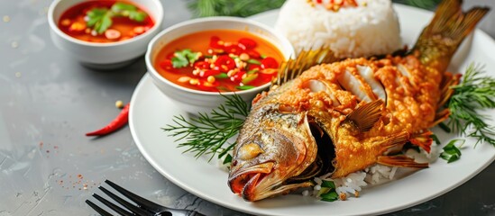 Delicious fried fish on a white plate, ideal with rice and chili sauce, with copy space image available.