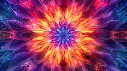 A mesmerizing abstract pattern featuring a central purple starburst surrounded by concentric layers of vivid
