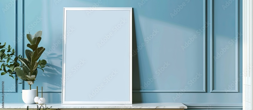 Aufkleber A white poster frame stands on a coffee table in a blue room, showcasing an empty canvas with room for text or images.