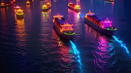 Obraz premium A fleet of neon-lit cargo ships sail across the open waters.