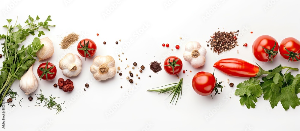 Poster top-down view of tomatoes alongside garlic, greens, and spices on a white background with ample copy