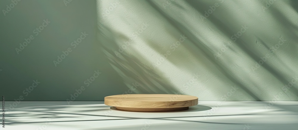 Poster minimalistic wooden podium placed on a pale green backdrop with interplay of light and shadows creat