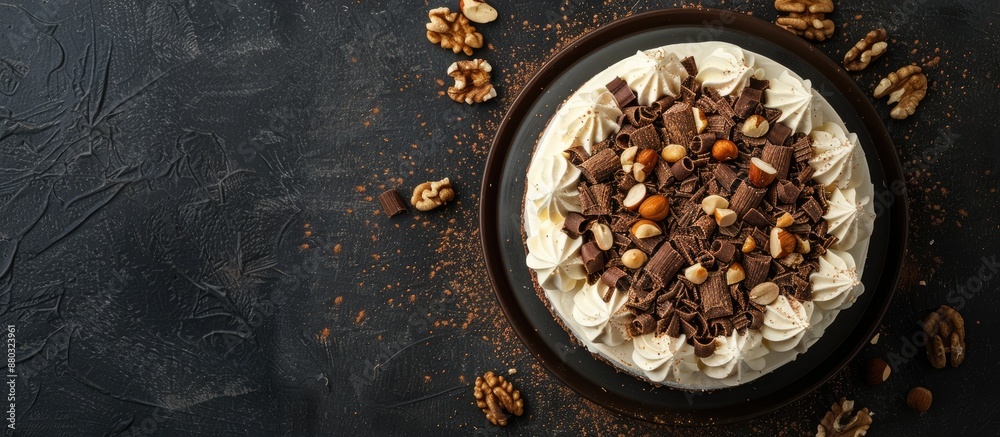 Poster top view of an esterhazy cake on a dark background with copy space image. a stunning dessert featuri