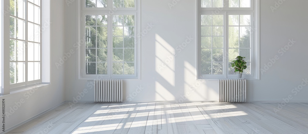 Poster empty light room at home featuring a white wall adorned with a plastic window and radiator with copy