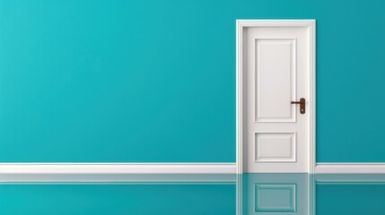 A closed white door stands against a blue wall with a reflective floor, creating a serene and minimalist setting.