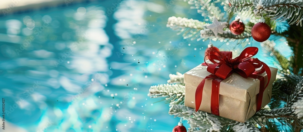 Leinwandbilder a gift box placed on a christmas tree near a pool, with an empty space in the image for personalized