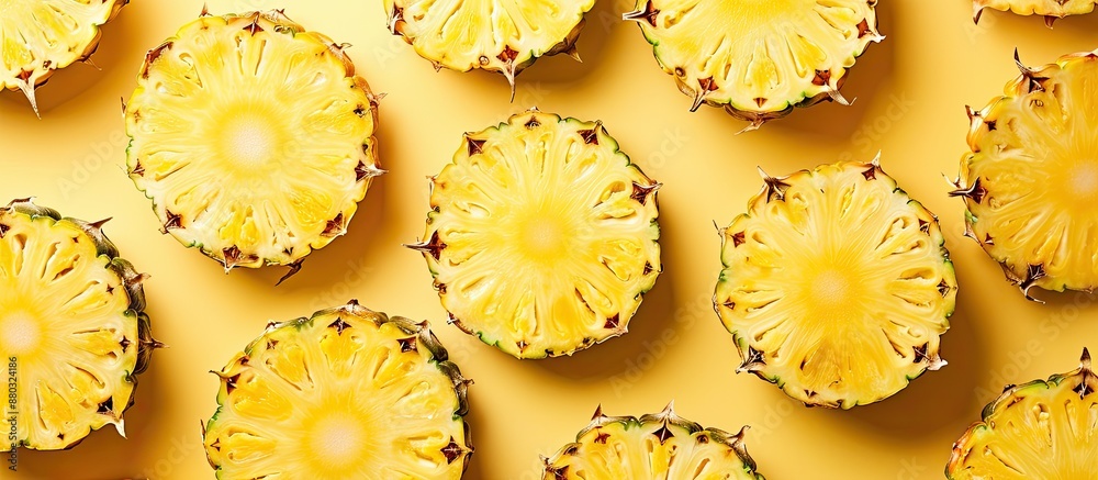 Poster A top-down view of pineapple slices arranged on a yellow background within a frame with ample copy space image available.