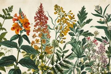 A vibrant painting of tropical plants and flowers in full bloom, A vintage botanical illustration with different types of plant species, AI generated