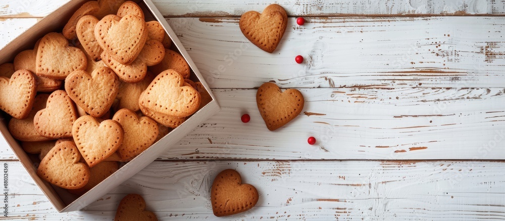 Poster Heart-shaped cookies in a box on a white wooden table seen from above with a background available for adding text, copy space image.