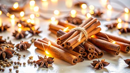 Warmly lit, artfully arranged scattering of cinnamon sticks and fragrant cloves on a clean, minimalist white background evoking autumnal coziness.