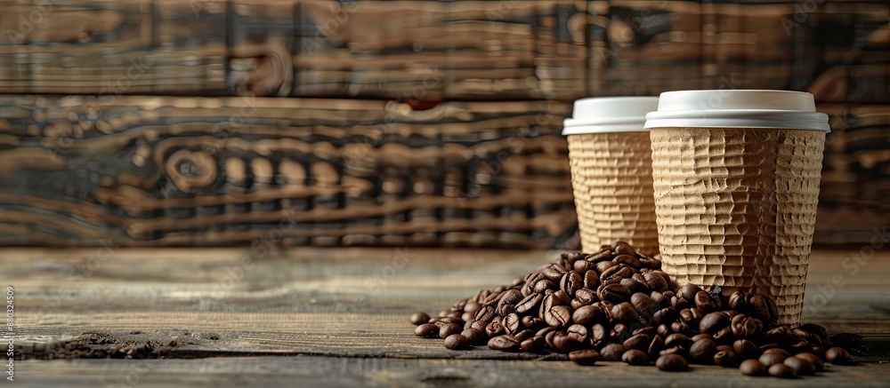 Poster Two textured paper cups next to a mound of coffee beans on a wooden backdrop with a copy space image.