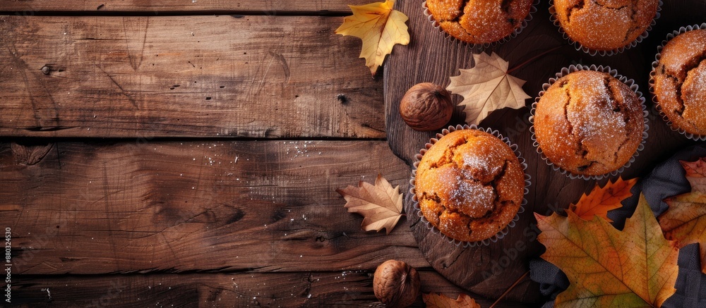 Poster autumn-themed bakery image featuring homemade muffins with simmered sweet potato dough and rustic pr