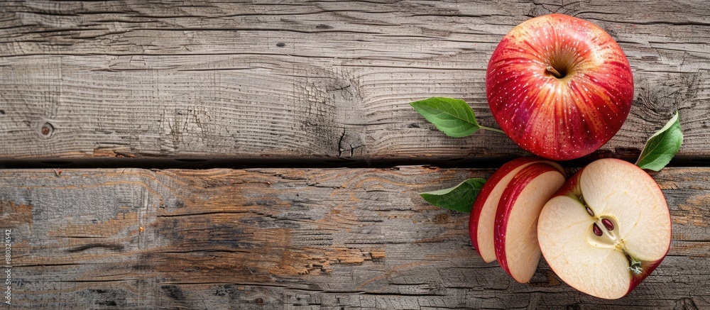 Poster a scrumptious apple sliced for baking displayed on a wooden table with a copy space image.