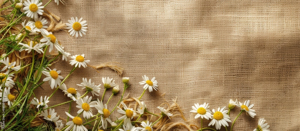 Aufkleber Top view of chamomile flowers and white field daisies scattered on burlap, creating a scenic backdrop suitable for design projects with copy space image.