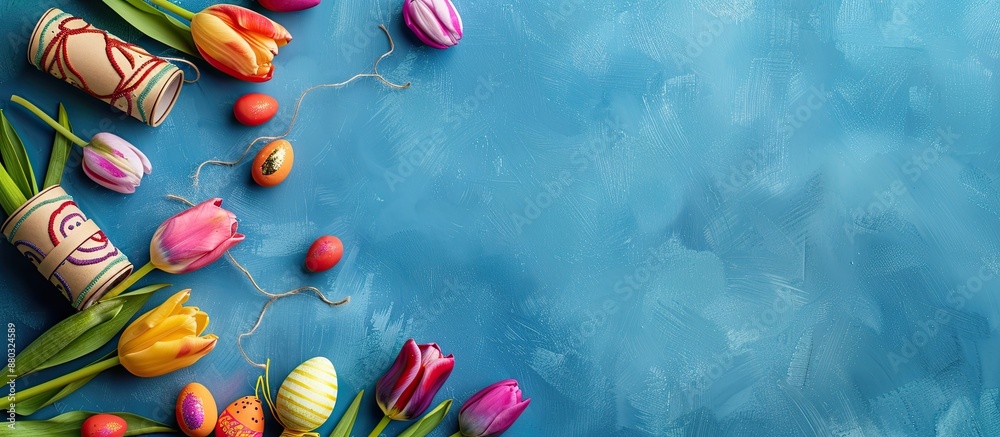 Poster easter-themed greeting card with colorful tulips, eggs, and decorative elements made from a toilet p