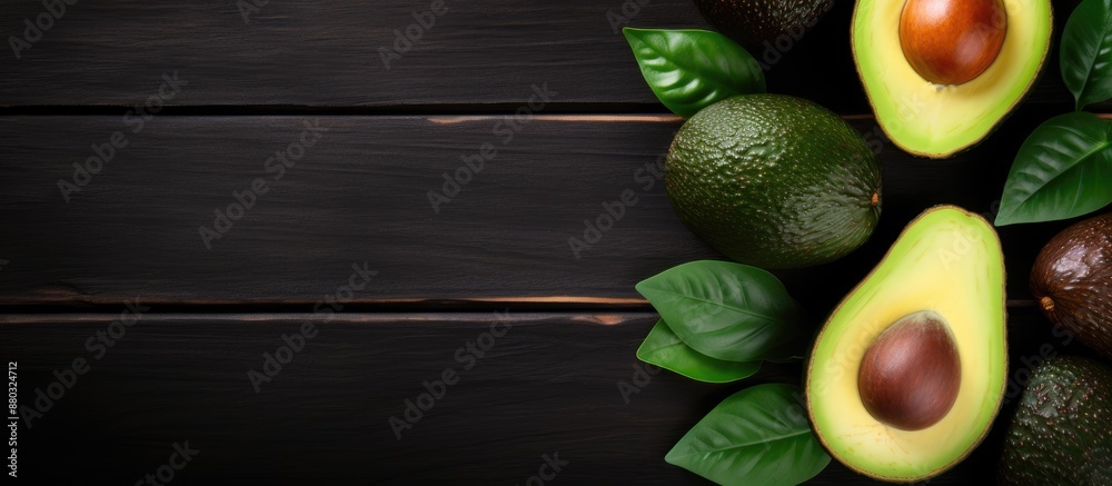 Poster flat lay arrangement of whole and halved avocados on a dark wooden surface, featuring ample copy spa