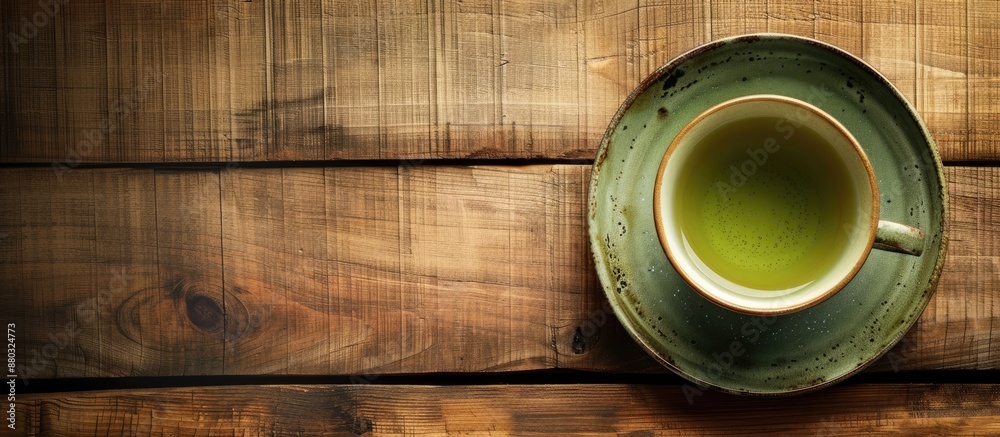 Poster wooden table hosts a cup of fragrant green tea with ample copy space image.