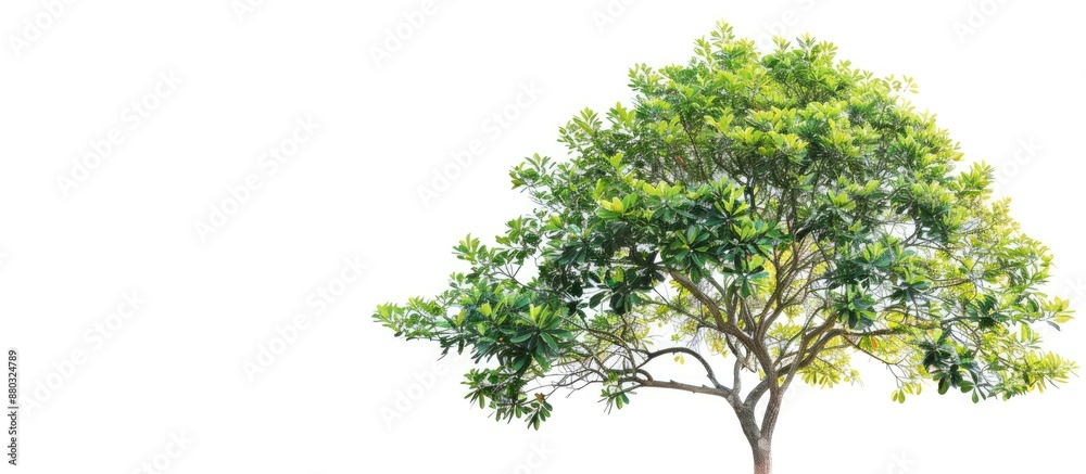 Poster a tree with green leaves known as jackfruit is depicted on a white background in a copy space image.