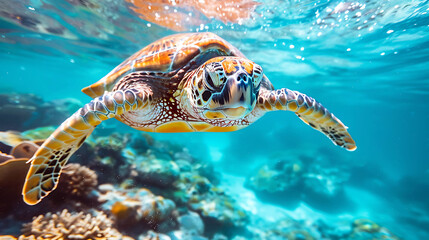 Obraz premium A sea turtle swims underwater near a coral reef surrounded by coral reefs in the tropical ocean.