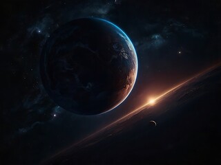 Dark abstract background illustration of endless space with a planet in middle of nowhere, endless darkness of infinite space, astronomical illustration designed with AI