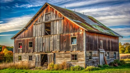 Rustic, weathered, and worn, distressed old barn wood boards with cracks, knots, and faded paint, evoking a sense of rural nostalgia.