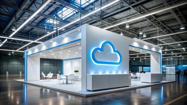 Cloud computing giant's logo prominently displayed on a sleek white booth backdrop amidst a modern conference exhibition setting.