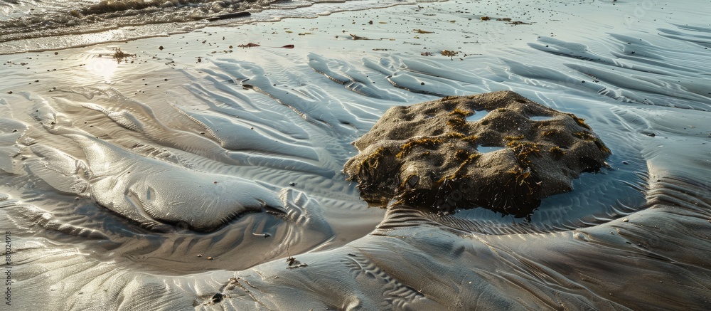 Poster during low tide, beach scenery displays natural textures and design with abundant copy space image.