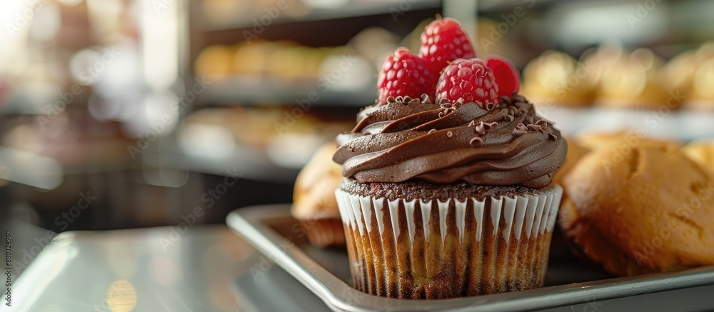 Poster A delectable cupcake with chocolate frosting and raspberry topping displayed on a tray in a bakery, with a blank space for adding images.