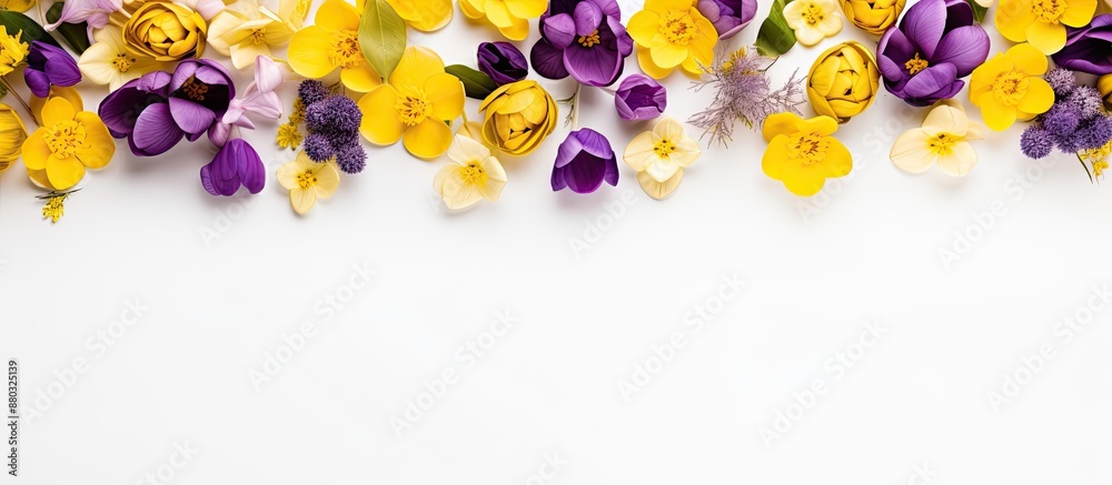 Aufkleber a spring-themed flat lay arrangement with yellow and purple flowers on a white background, represent