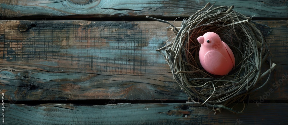 Poster a pink bird sitting on an easter egg in a nest against a dark wooden background with ample copy spac