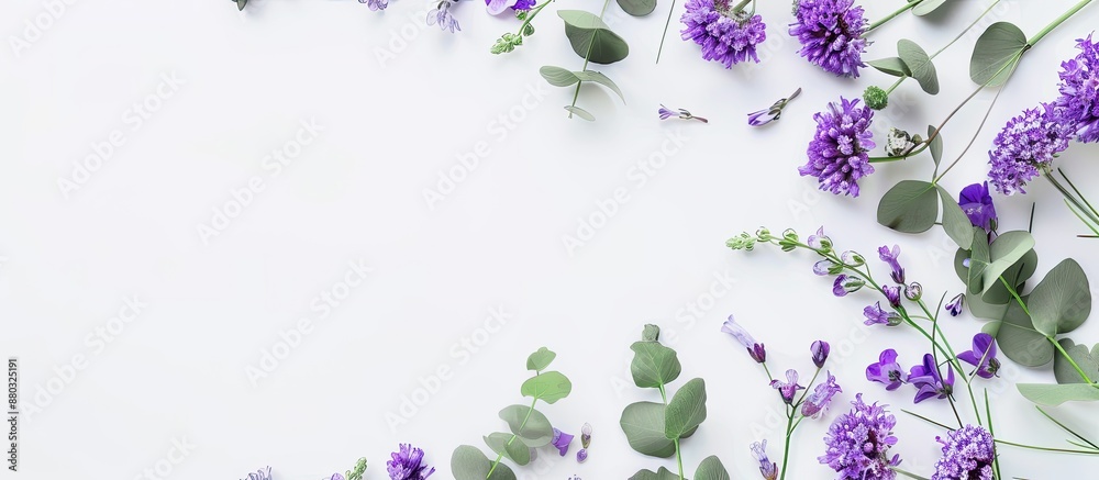 Leinwandbilder purple flowers and eucalyptus leaves on a white background create a floral arrangement in a flat lay