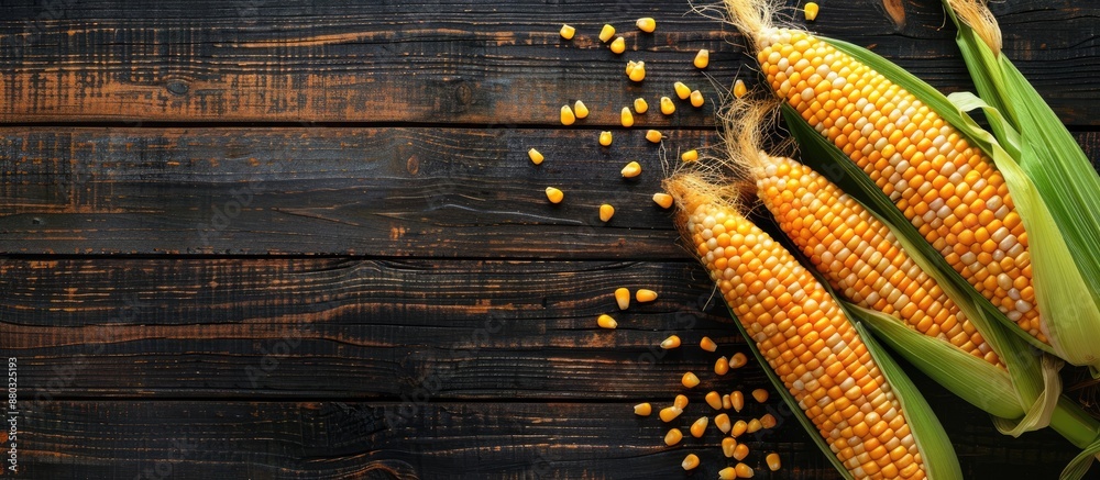 Poster Fresh uncooked maize cobs display on a dark wooden table, with a focus on the grains of ripe corn, creating a top view background shot with ample copy space image.