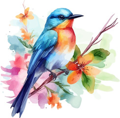 Watercolor Bird Of Paradise And Flowers Vector Illustration.