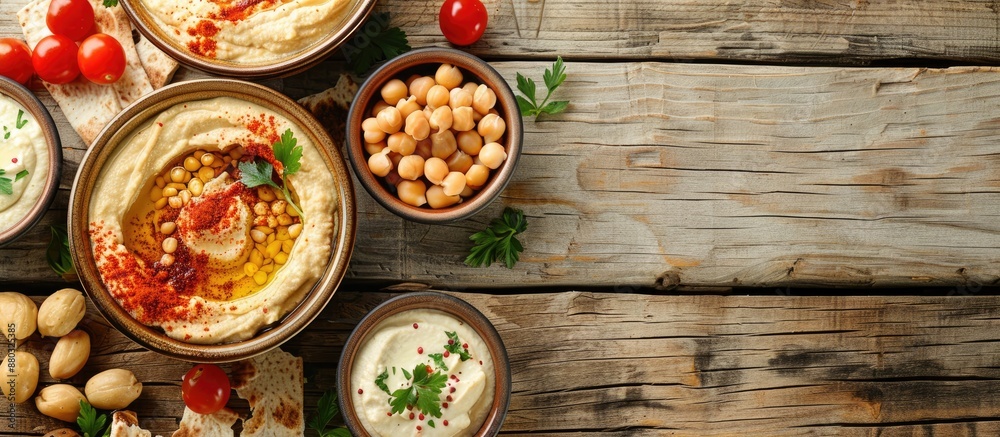 Poster various delectable hummus varieties presented on a wooden surface in a flat lay composition, featuri