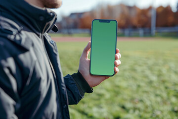 Person holding smartphone with green screen at a football stadium