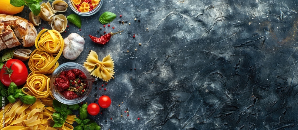Poster Pasta and ingredients displayed on a stone background with copy space image.