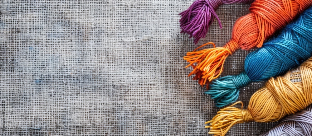 Poster Embroidery kit with colorful threads and canvas background for stitching, with room for a copy space image.