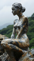 A Pretty Young Girl Abstracted Figure Stoneware Garden Sculpture On Defocused Background