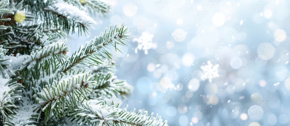 Poster snow-covered christmas tree branches with a blurred background, providing copy space image.