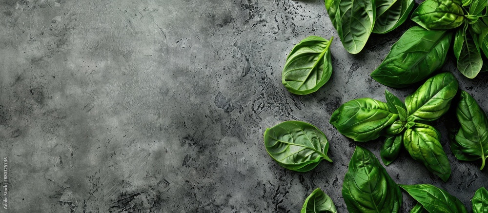 Poster flat lay arrangement with lush green basil leaves on a gray surface, providing room for text in the 
