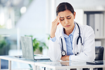 Doctor, sad woman or headache with stress or crisis in hospital office for medical test results....