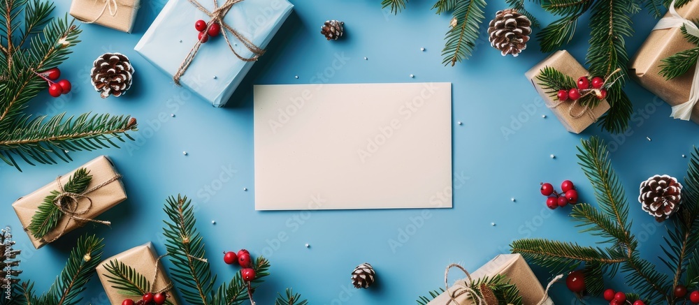 Poster Holiday-themed background with a blank note, fir branches, gifts on blue backdrop. Includes copy space image.